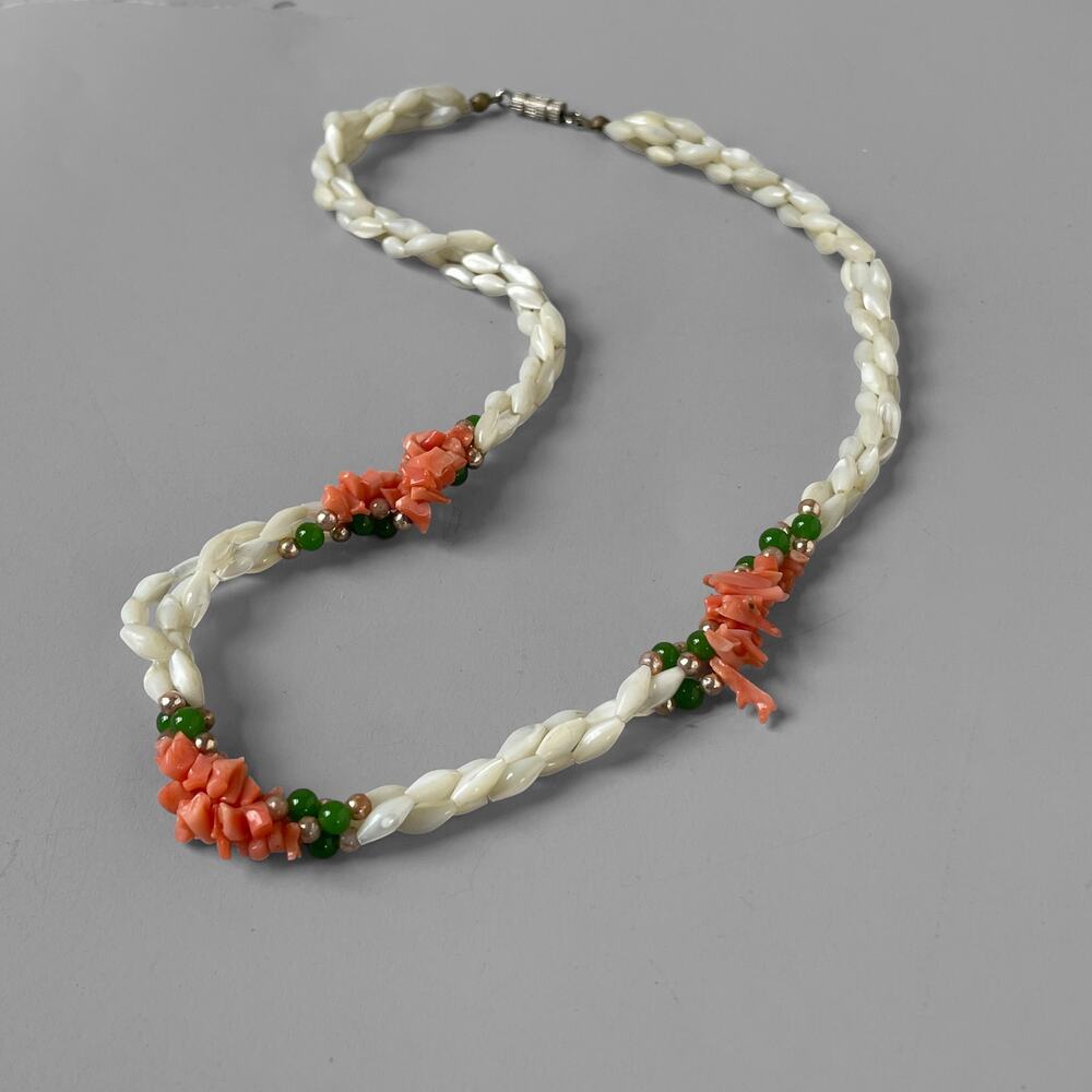 Vintage 60s Coral Mother of Pearl Triple Strand Necklace Choker Collar Seashell